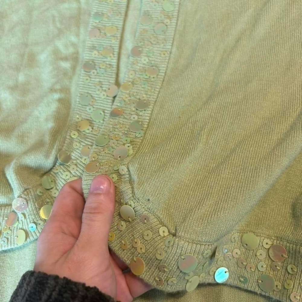 90s Pastel Green sequin long sleeve tank top with matching cardigan - Picture 4 of 7